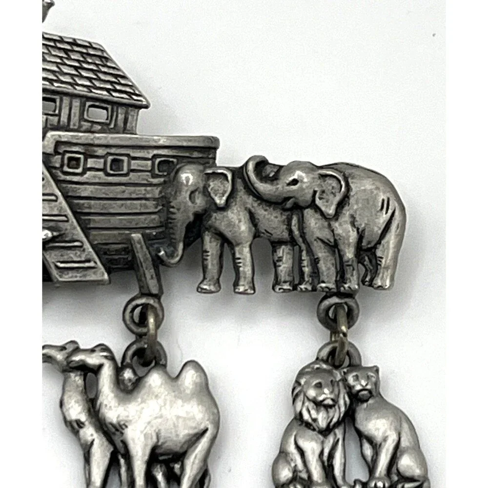 Vintage Pewter JJ Jonette Noah's Ark Brooch Pin Animal Dangles Charms Camel Lion